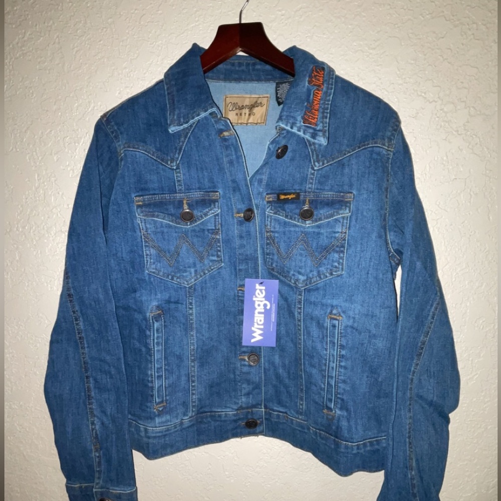 Wrangler OSU denim jacket, women’s size large, never worn.